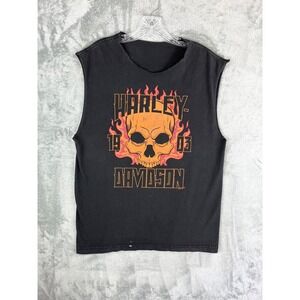 Harley Davidson DIY Black Muscle Tank Tee Mens Medium Skull Flames South Bend IN